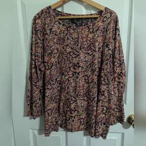 Lucky Brand Womens Top Plus Size 2X Blue Floral Long Sleeve Shirt Boho